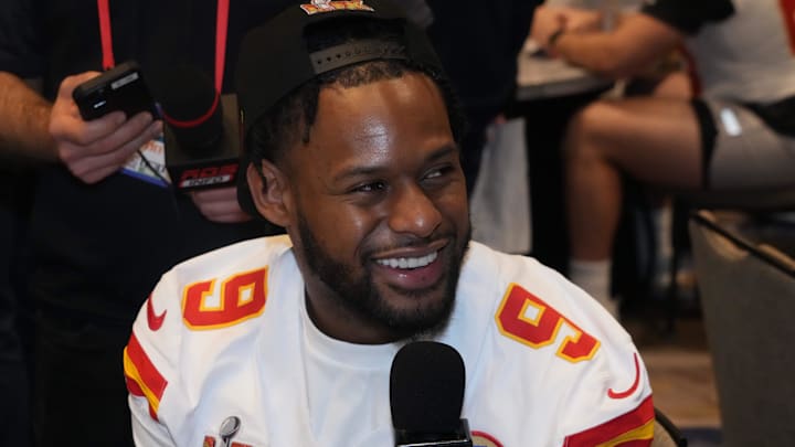 Feb 5, 2025; New Orleans, LA, USA; Kansas City Chiefs wide receiver JuJu Smith-Schuster (9) in a press conference ahead of Super Bowl LIX at New Orleans Marriott. Mandatory Credit: Kirby Lee-Imagn Images