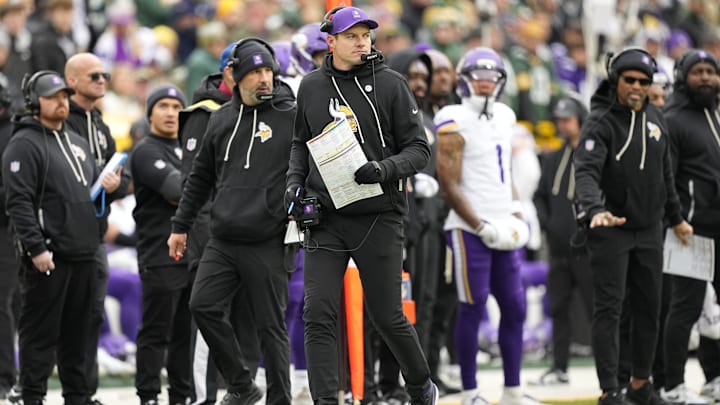 Nov 23, 2025; Green Bay, Wisconsin, USA; Minnesota Vikings head coach Kevin O'Connell on the sidelines against the Green Bay Packers during the first half at Lambeau Field.
