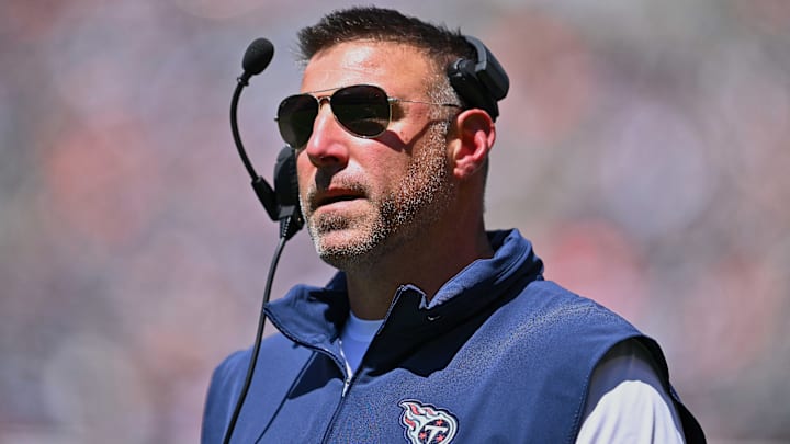 Aug 12, 2023; Chicago, Illinois, USA;  Tennessee Titans head coach Mike Vrabel watches his team play against the Chicago Bears at Soldier Field. Mandatory Credit: Jamie Sabau-Imagn Images