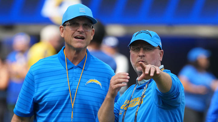Chargers head coach Jim Harbaugh and GM Joe Hortiz