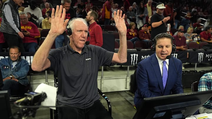 Jan 27, 2024; Los Angeles, California, USA; Pac-12 Networks analyst Bill Walton (left) and play-by-play announcer Roxy Bernstein during the game between the Southern California Trojans and the UCLA Bruins at the Galen Center. Mandatory Credit: Kirby Lee-Imagn Images Jan 27, 2024; Los Angeles, California, USA; Pac-12 Networks analyst Bill Walton (left) and play-by-play announcer Roxy Bernstein during the game between the Southern California Trojans and the UCLA Bruins at the Galen Center. Mandatory Credit: Kirby Lee-Imagn Images