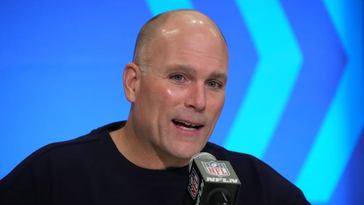 Feb 27, 2024; Indianapolis, IN, USA; Baltimore Ravens general manager Eric DeCosta speaks during a press conference during the NFL Scouting Combine at Indiana Convention Center. Mandatory Credit: Kirby Lee-Imagn Images