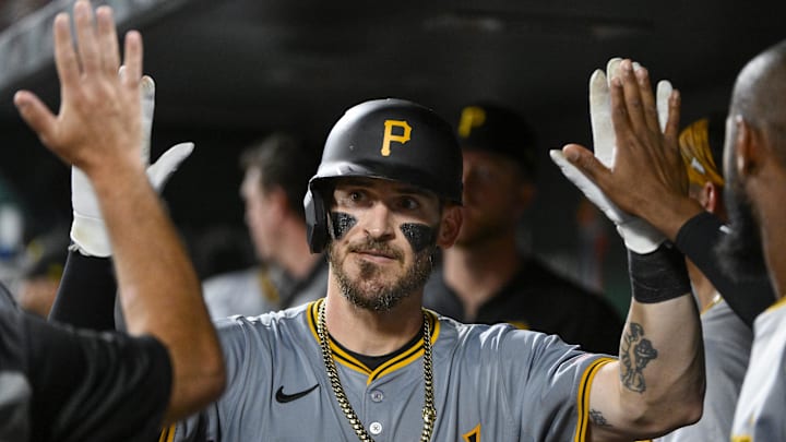 Sep 19, 2024; St. Louis, Missouri, USA;  Pittsburgh Pirates catcher Yasmani Grandal (6) is congratulated by teammates after hitting a game tying solo home run against the St. Louis Cardinals during the seventh inning at Busch Stadium. Mandatory Credit: Jeff Curry-Imagn Images