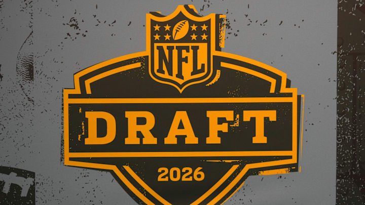 Feb 6, 2026; San Francisco, CA, USA; The 2026 NFL Draft logo at the Super Bowl LX Experience at the Moscone Center. Mandatory Credit: Kirby Lee-Imagn Images