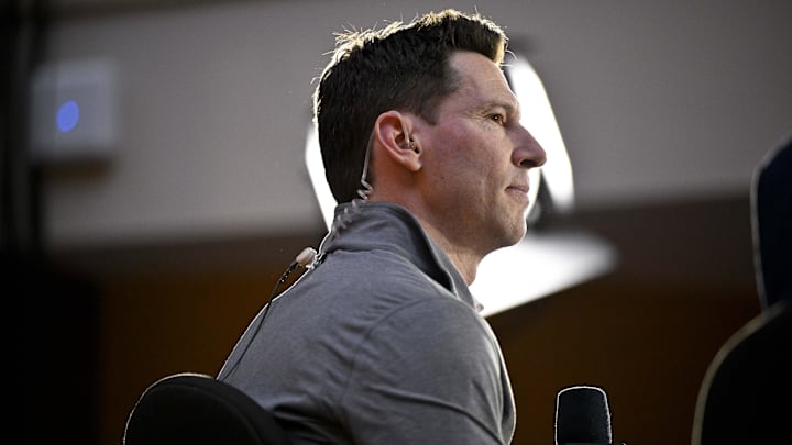 Dec 9, 2024; Dallas, TX, USA; Boston Red Sox chief baseball officer Craig Breslow speaks with the media 
at the Hilton Anatole during the 2024 MLB Winter Meetings. Mandatory Credit: Jerome Miron-Imagn Images