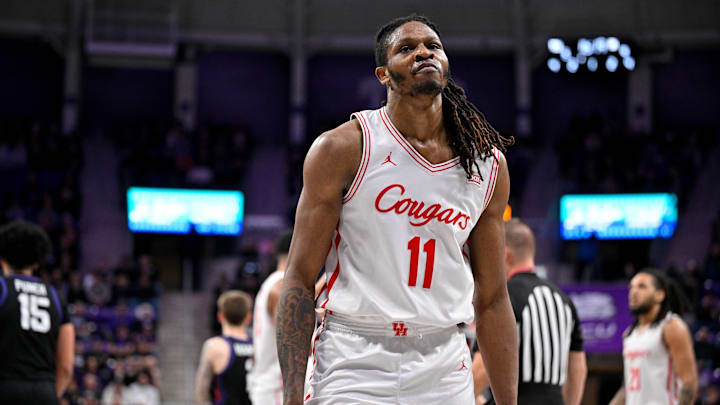 Jan 28, 2026; Fort Worth, Texas, USA; Houston Cougars forward Joseph Tugler (11) looks on during the game at Ed and Rae Schollmaier Arena. Mandatory Credit: Jerome Miron-Imagn Images