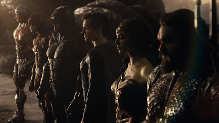 Ray Fisher (Cyborg / Victor Stone), Ezra Miller (The Flash / Barry Allen), Ben Affleck (Batman / Bruce Wayne), Henry Cavill (Superman / Clark Kent), Gal Gadot (Diana Prince / Wonder Woman), Jason Momoa (Aquaman / Arthur Curry) in Zack Snyder's Justice League. Photograph by Courtesy of HBO Max