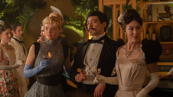 Louisa Jacobson, Blake Ritson, and Kelley Curran in The Gilded Age season 4 episode 1 on HBO Louisa Jacobson, Blake Ritson, and Kelley Curran in The Gilded Age season 4 episode 1 on HBO