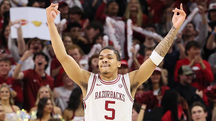 Mar 4, 2026; Fayetteville, Arkansas, USA; Arkansas Razorbacks guard Darius Acuff Jr (5) celebrates after a play against the Texas Longhorns during the first half at Bud Walton Arena. Mandatory Credit: Nelson Chenault-Imagn Images Mar 4, 2026; Fayetteville, Arkansas, USA; Arkansas Razorbacks guard Darius Acuff Jr (5) celebrates after a play against the Texas Longhorns during the first half at Bud Walton Arena. Mandatory Credit: Nelson Chenault-Imagn Images
