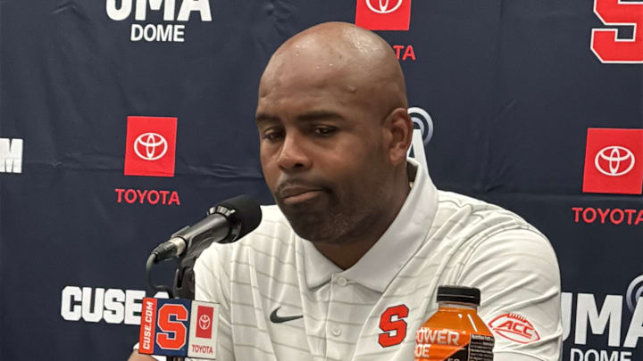 Sep 6, 2025; Syracuse, New York, USA; Syracuse Orange head coach Fran Brown speaks with the media following SU’s 27-20 win over the UConn Huskies at JMA Wireless Dome. 