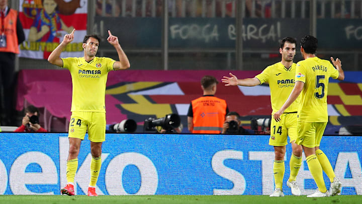 Alfonso Pedraza celebrates Villarreal's opening goal against Barcelona