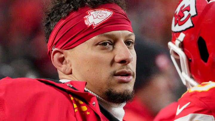Dec 7, 2025; Kansas City, Missouri, USA; Kansas City Chiefs quarterback Patrick Mahomes (15) looks on during the third quarter against the Houston Texans at GEHA Field at Arrowhead Stadium.