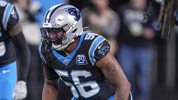 Dec 1, 2024; Charlotte, North Carolina, USA; Carolina Panthers linebacker Trevin Wallace (56) during the second half against the Tampa Bay Buccaneers at Bank of America Stadium. Mandatory Credit: Jim Dedmon-Imagn Images Dec 1, 2024; Charlotte, North Carolina, USA; Carolina Panthers linebacker Trevin Wallace (56) during the second half against the Tampa Bay Buccaneers at Bank of America Stadium. Mandatory Credit: Jim Dedmon-Imagn Images