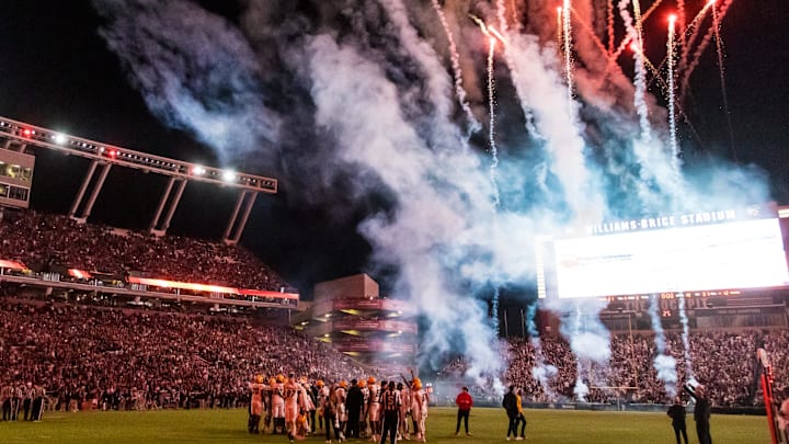 Nov 16, 2024; Columbia, South Carolina, USA; Fireworks light up Williams-Brice Stadium before the fourth quarter of the game between the South Carolina Gamecocks and Missouri Tigers. Mandatory Credit: Jeff Blake-Imagn Images