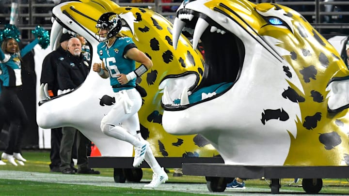 Jacksonville Jaguars quarterback Trevor Lawrence (16) takes the field before the start of Saturday's game against the Chargers. The Jacksonville Jaguars hosted the Los Angeles Chargers in their first round playoff game Saturday, January 14, 2023 at TIAA Bank Field in Jacksonville, Fla. The Jaguars trailed 27 to 7 at the half. [Bob Self/Florida Times-Union]