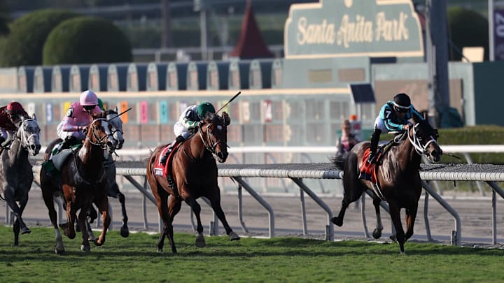 Nov 4, 2023; Santa Anita, CA, USA; Nobals (7), with jockey Gerardo Corrales up, beats Big Invasion (1), with jockey Joel Rosario up. to win the BREEDERS' CUP TURF SPRINT during the 2023 Breeders' Cup World Championships at Santa Anita Park. Mandatory Credit: Kiyoshi Mio-Imagn Images