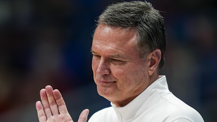 Nov 30, 2024; Lawrence, Kansas, USA; Kansas Jayhawks head coach Bill Self reacts during the second half against the Furman Paladins at Allen Fieldhouse. Mandatory Credit: Jay Biggerstaff-Imagn Images