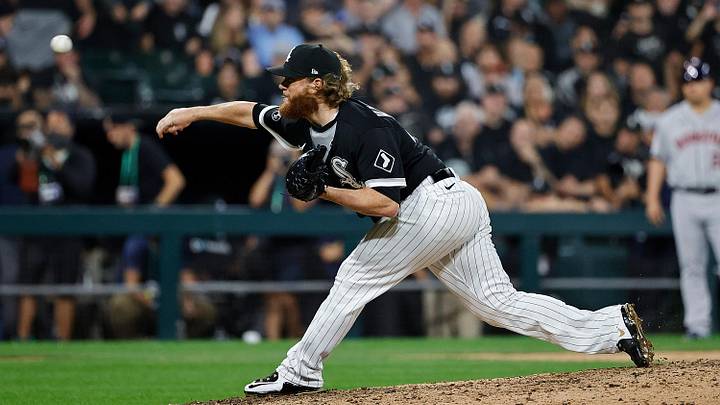 Oct 10, 2021; Chicago, Illinois, USA; Chicago White Sox relief pitcher Craig Kimbrel (46) pitches against the Houston Astros during the eighth inning in game three of the 2021 ALDS at Guaranteed Rate Field. Mandatory Credit: Kamil Krzaczynski-Imagn Images