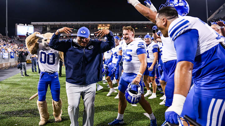 Brigham Young Cougars head coach Kalani Sitake celebrates a win against the Arizona Wildcats.