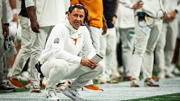 Texas Longhorns head coach Steve Sarkisian looks downfield while coaching in the second quarter as the Texas Longhorns play the Arizona State Sun Devils in the Peach Bowl College Football Playoff quarterfinal at Mercedes-Benz Stadium in Atlanta, Georgia, Jan. 1, 2025. Texas Longhorns head coach Steve Sarkisian looks downfield while coaching in the second quarter as the Texas Longhorns play the Arizona State Sun Devils in the Peach Bowl College Football Playoff quarterfinal at Mercedes-Benz Stadium in Atlanta, Georgia, Jan. 1, 2025.