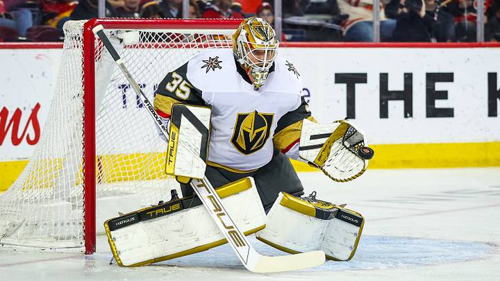 Apr 15, 2025; Calgary, Alberta, CAN; Vegas Golden Knights goaltender Ilya Samsonov (35) makes a save against the Calgary Flames during the second period at Scotiabank Saddledome. Mandatory Credit: Sergei Belski-Imagn Images Apr 15, 2025; Calgary, Alberta, CAN; Vegas Golden Knights goaltender Ilya Samsonov (35) makes a save against the Calgary Flames during the second period at Scotiabank Saddledome. Mandatory Credit: Sergei Belski-Imagn Images