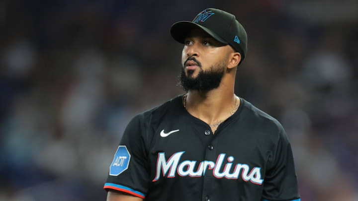 Miami Marlins starting pitcher Sandy Alcantara (22) returns to the dugout against the New York Mets during the fourth inning at loanDepot Park.