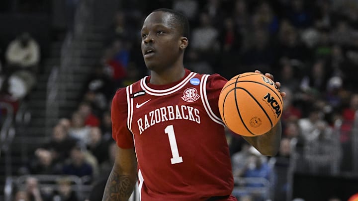 Arkansas Razorbacks guard Johnell Davis (1) dribbles the ball during the second half against the Kansas Jayhawks at Amica Mutual Pavilion. 