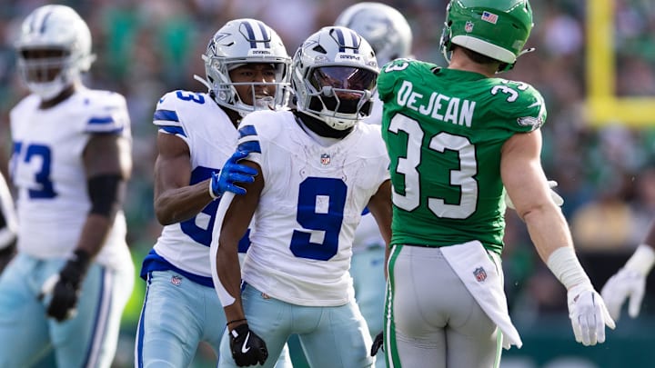 Dallas Cowboys wide receiver KaVontae Turpin reacts to Philadelphia Eagles cornerback Cooper DeJean. Dallas Cowboys wide receiver KaVontae Turpin reacts to Philadelphia Eagles cornerback Cooper DeJean.