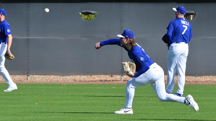 Feb 17, 2026; Glendale, AZ, USA; Los Angeles Dodgers pitcher Ryan River throws  during a Spring Training workout at Camelback Ranch. Mandatory Credit: Matt Kartozian-Imagn Images