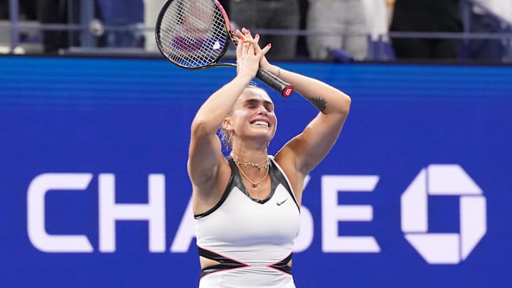 Sep 6, 2025; Flushing, NY, USA; Aryna Sabalenka reacts after winning the women's singles final against Amanda Anisimova (USA) (not pictured) of the 2025 US Open tennis championships at Billie Jean King National Tennis Center.