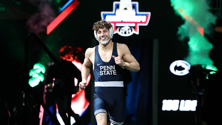 Penn State Nittany Lions wrestler Mitchell Mesenbrink enters the arena before his match with Iowa State Cyclones David Carr at the 2024 NCAA Wrestling Championships. 