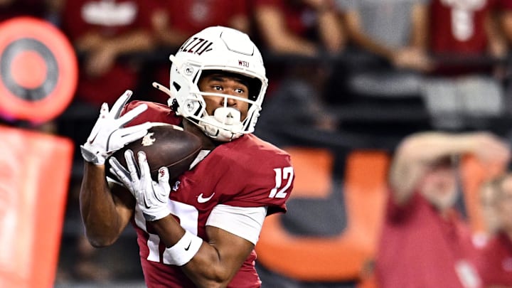 Sep 6, 2025; Pullman, Washington, USA; Washington State Cougars wide receiver Leon Neal Jr. (12) makes a catch against the San Diego State Aztecs in the second half at Gesa Field at Martin Stadium. Mandatory Credit: James Snook-Imagn Images
