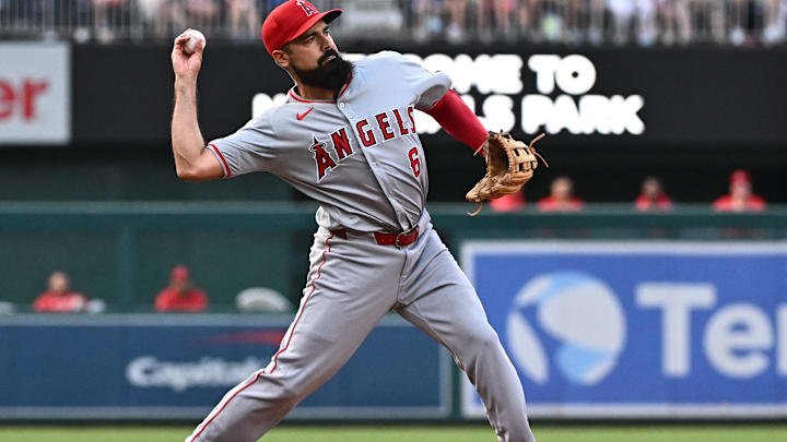Aug 10, 2024; Washington, District of Columbia, USA; Los Angeles Angels third baseman Anthony Rendon (6) throws to first base during the first inning against the Washington Nationals at Nationals Park. Mandatory Credit: James A. Pittman-Imagn Images Aug 10, 2024; Washington, District of Columbia, USA; Los Angeles Angels third baseman Anthony Rendon (6) throws to first base during the first inning against the Washington Nationals at Nationals Park. Mandatory Credit: James A. Pittman-Imagn Images