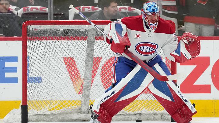 May 21, 2026; Raleigh, North Carolina, USA; Montreal Canadiens goaltender Jakub Dobes (75) warms up in net before game one of the Eastern Conferene Final against the Carolina Hurricanes of the 2026 Stanley Cup Playoffs at Lenovo Center. Mandatory Credit: James Guillory-Imagn Images