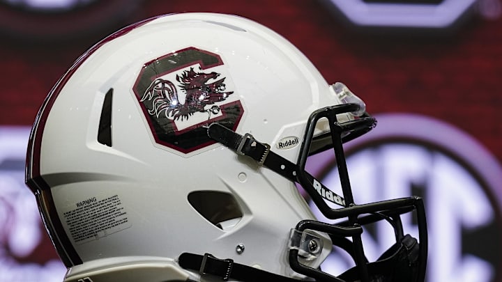 Jul 19, 2022; Atlanta, GA, USA; The South Carolina helmet on the stage during SEC Media Days at the College Football Hall of Fame. Mandatory Credit: Dale Zanine-Imagn Images