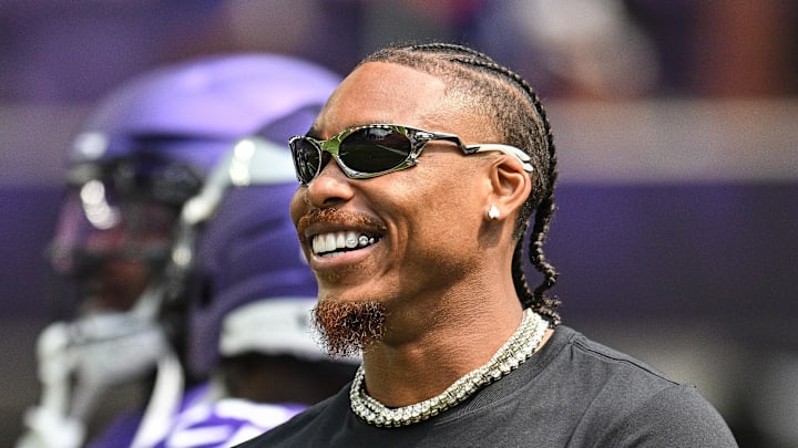 Aug 9, 2025; Minneapolis, Minnesota, USA; Minnesota Vikings wide receiver Justin Jefferson (18) looks on before the game against the Houston Texans at U.S. Bank Stadium. Mandatory Credit: Jeffrey Becker-Imagn Images