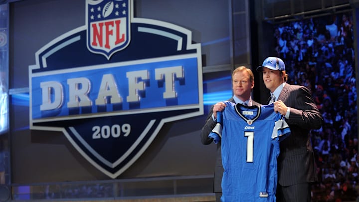 Apr 25, 2009; New York, NY, USA; NFL commissioner Roger Goodell introduces quarterback Matthew Stafford (Georgia) as the number one overall pick to the Detroit Lions in the 2009 NFL Draft at Radio City Music Hall in New York City. Mandatory Credit: James Lang-Imagn Images