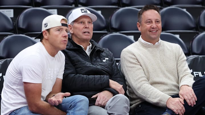 Jan 30, 2026; Salt Lake City, Utah, USA; Utah Jazz Owner Ryan Smith (left) and CEO of basketball operations Danny Ainge (middle) along with president of basketball operations Austin Ainge watch warm ups before a game against the Brooklyn Nets at Delta Center. Mandatory Credit: Rob Gray-Imagn Images Jan 30, 2026; Salt Lake City, Utah, USA; Utah Jazz Owner Ryan Smith (left) and CEO of basketball operations Danny Ainge (middle) along with president of basketball operations Austin Ainge watch warm ups before a game against the Brooklyn Nets at Delta Center. Mandatory Credit: Rob Gray-Imagn Images