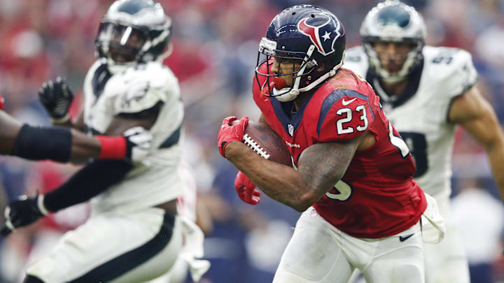 Nov 2, 2014; Houston, TX, USA; Houston Texans running back Arian Foster (23) runs during the game against the Philadelphia Eagles at NRG Stadium. 
