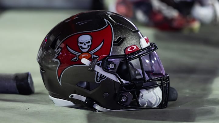 Dec 25, 2022; Glendale, Arizona, USA; Detailed view of a Tampa Bay Buccaneers helmet at State Farm Stadium. Mandatory Credit: Mark J. Rebilas-Imagn Images