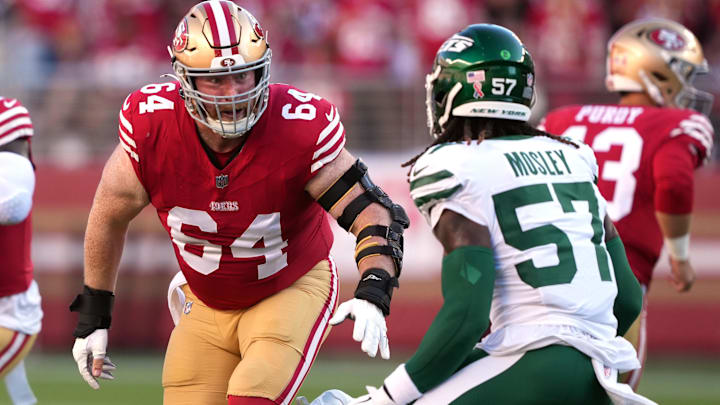 Sep 9, 2024; Santa Clara, California, USA; San Francisco 49ers center Jake Brendel (64) blocks New York Jets linebacker C.J. Mosley (57) during the first quarter at Levi's Stadium. Mandatory Credit: Darren Yamashita-Imagn Images