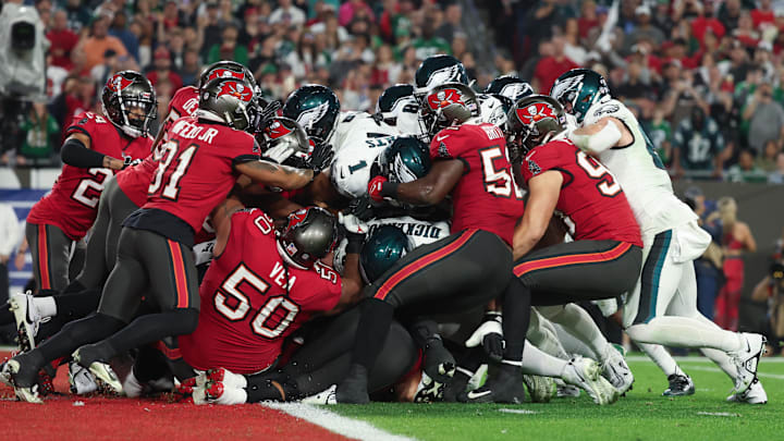 The Tampa Bay Buccaneers stop Philadelphia Eagles quarterback Jalen Hurts at the goal line.