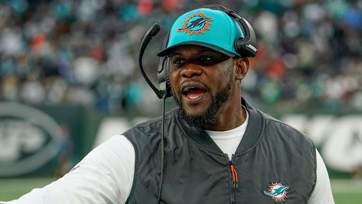 Nov 21, 2021; East Rutherford, N.J., USA; Miami Dolphins head coach Brian Flores during a game against the New York Jets at MetLife Stadium.  