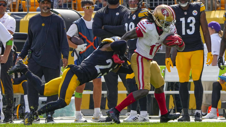 Sep 10, 2023; Pittsburgh, Pennsylvania, USA; San Francisco 49ers wide receiver Brandon Aiyuk (11) is Sep 10, 2023; Pittsburgh, Pennsylvania, USA; San Francisco 49ers wide receiver Brandon Aiyuk (11) is