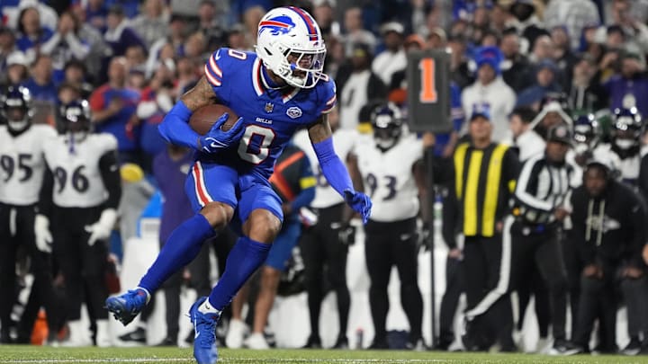Sep 7, 2025; Orchard Park, New York, USA;  Buffalo Bills wide receiver Keon Coleman (0) runs the ball during the fourth quarter against the Baltimore Ravens at Highmark Stadium. 