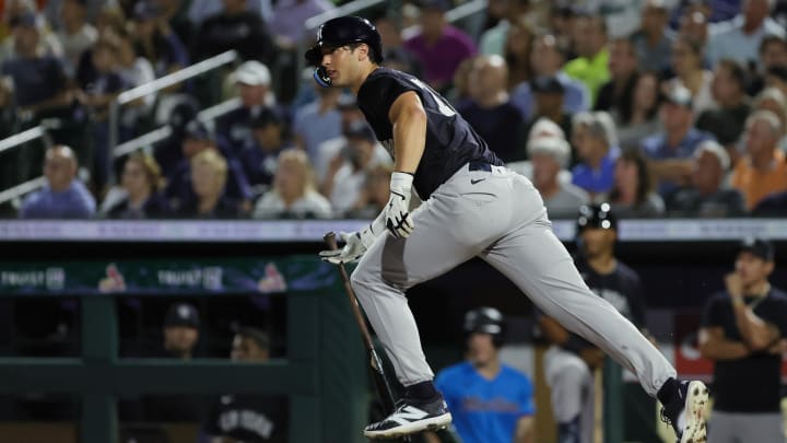 Mar 4, 2024; Jupiter, Florida, USA; New York Yankees outfielder Spencer jones (78) hits a single against the Miami Marlins during the fifth inning at Roger Dean Chevrolet Stadium. Mandatory Credit: Sam Navarro-USA TODAY Sports