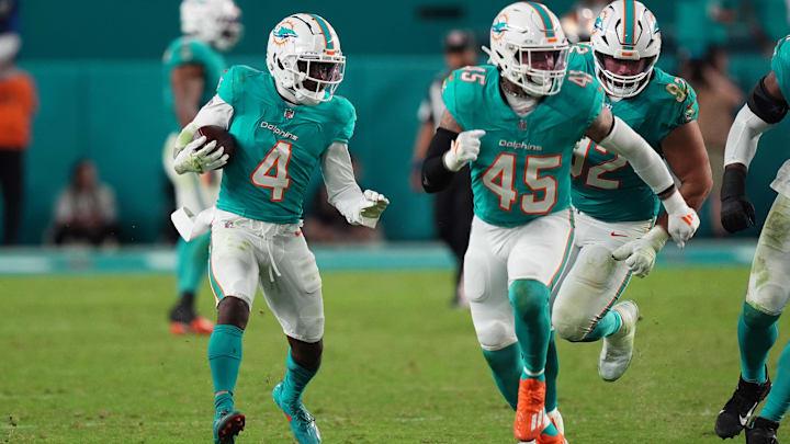 Miami Dolphins cornerback Kader Kohou (4) runs with the ball after intercepting a pass from San Francisco 49ers quarterback Brock Purdy during second half at Hard Rock Stadium last December. Miami Dolphins cornerback Kader Kohou (4) runs with the ball after intercepting a pass from San Francisco 49ers quarterback Brock Purdy during second half at Hard Rock Stadium last December.