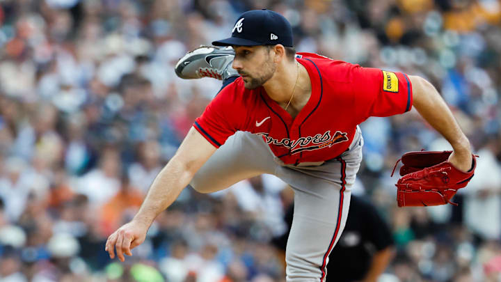 Atlanta Braves pitcher Spencer Strider (99) pitches in the third inning against the Detroit Tigers at Comerica Park. 