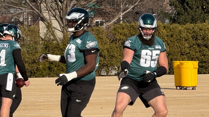 Eagles right tackle Lane Johnson goes through practice as the team prepares to host the San Francisco 49ers in a wild-card game on Sunday.