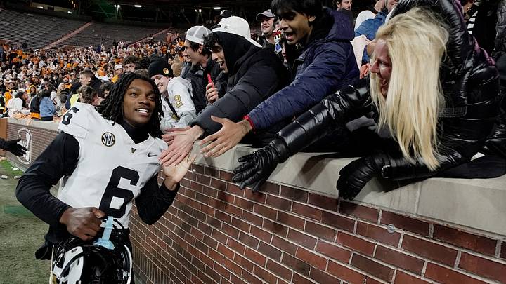 Vanderbilt cornerback Jordan Matthews (6) celebrates with fans the team’s win against Tennessee at Neyland Stadium in Knoxville, Tenn., Saturday, Nov. 29, 2025. Vanderbilt cornerback Jordan Matthews (6) celebrates with fans the team’s win against Tennessee at Neyland Stadium in Knoxville, Tenn., Saturday, Nov. 29, 2025.